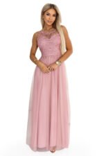 672-2 Romantic maxi wedding dress with embroidered lace and tulle - powder pink-8