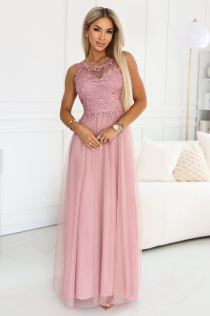 672-2 Romantic maxi wedding dress with embroidered lace and tulle - powder pink-1