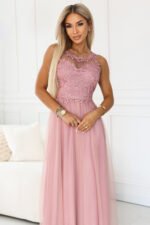 672-2 Romantic maxi wedding dress with embroidered lace and tulle - powder pink-4