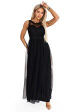 672-4 Romantic maxi dress with embroidered lace and tulle - black-7