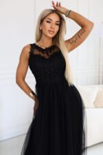 672-4 Romantic maxi dress with embroidered lace and tulle - black-2