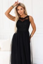 672-4 Romantic maxi dress with embroidered lace and tulle - black-4