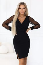 674-1 Elegant fitted dress with wrap neckline, tulle sleeves and slit - black-1