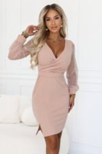 674-3 Elegant fitted dress with wrap neckline, tulle sleeves and slit - beige-4