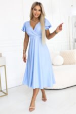 675-1 Flared midi dress with a wrap neckline and glitter sheen - sky blue-2