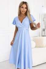 675-1 Flared midi dress with a wrap neckline and glitter sheen - sky blue-1