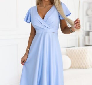 675-1 Flared midi dress with a wrap neckline and glitter sheen - sky blue-1