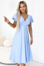 675-1 Flared midi dress with a wrap neckline and glitter sheen - sky blue-4