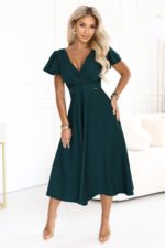 675-2 Flared midi dress with a wrap neckline and short sleeve - green-5