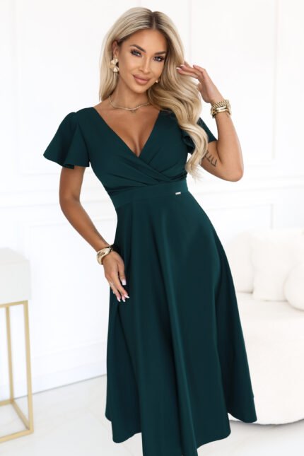 675-2 Flared midi dress with a wrap neckline and short sleeve - green-1