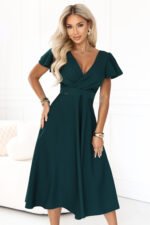 675-2 Flared midi dress with a wrap neckline and short sleeve - green-3