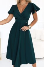 675-2 Flared midi dress with a wrap neckline and short sleeve - green-7