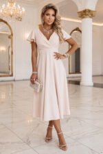 675-3 Flared midi dress with a wrap neckline and short sleeve - beige-8