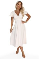 675-3 Flared midi dress with a wrap neckline and short sleeve - beige-12