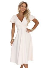 675-3 Flared midi dress with a wrap neckline and short sleeve - beige-11
