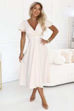 675-3 Flared midi dress with a wrap neckline and short sleeve - beige-6