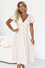 675-3 Flared midi dress with a wrap neckline and short sleeve - beige-2