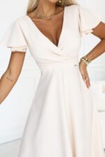 675-3 Flared midi dress with a wrap neckline and short sleeve - beige-7