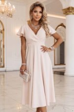 675-3 Flared midi dress with a wrap neckline and short sleeve - beige-1