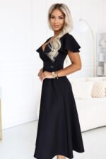 675-5 Flared midi dress with a wrap neckline and short sleeve - black-5