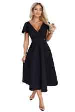 675-5 Flared midi dress with a wrap neckline and short sleeve - black-10