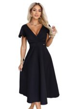 675-5 Flared midi dress with a wrap neckline and short sleeve - black-11