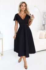 675-5 Flared midi dress with a wrap neckline and short sleeve - black-2