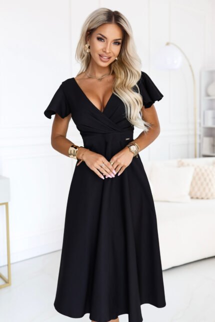 675-5 Flared midi dress with a wrap neckline and short sleeve - black-1