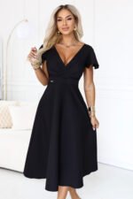 675-5 Flared midi dress with a wrap neckline and short sleeve - black-6