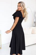675-5 Flared midi dress with a wrap neckline and short sleeve - black-3