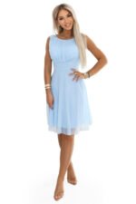 676-1 Wedding dress with a tulle layer and accentuated waist - sky blue-7