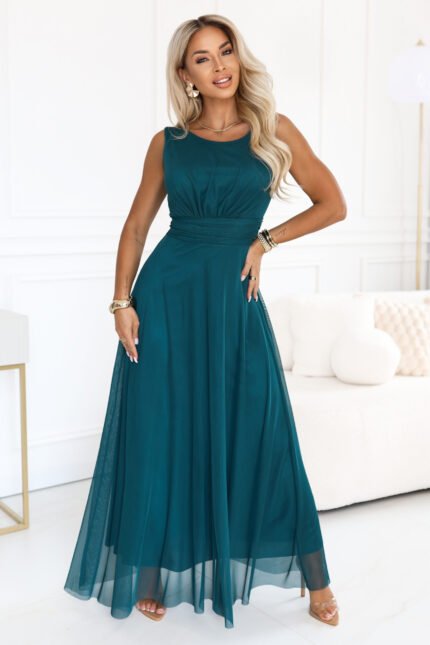 678-2 ELIRA Long tulle maxi dress with round neckline - bottle green-1