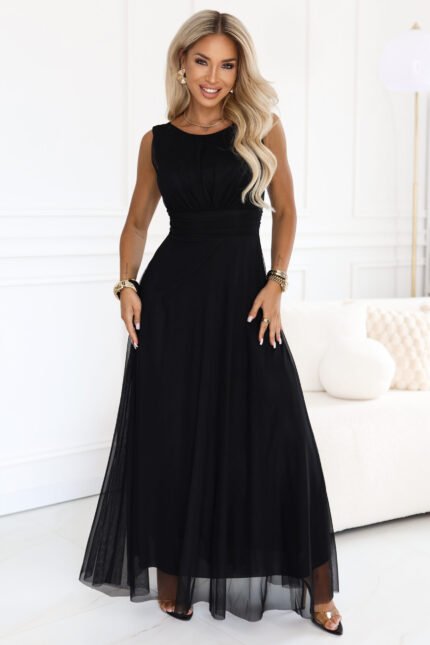 678-3 ELIRA Long tulle maxi dress with round neckline - black-1