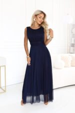 678-4 ELIRA Long tulle maxi dress with a round neckline - navy blue-10