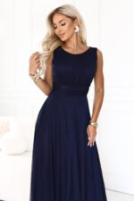 678-4 ELIRA Long tulle maxi dress with a round neckline - navy blue-4