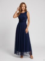 678-4 ELIRA Long tulle maxi dress with a round neckline - navy blue-8
