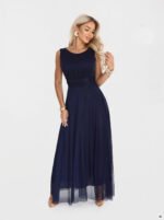 678-4 ELIRA Long tulle maxi dress with a round neckline - navy blue-11