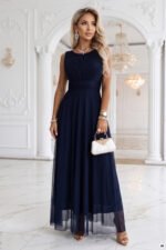 678-4 ELIRA Long tulle maxi dress with a round neckline - navy blue-6