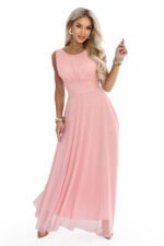 678-5 ELIRA Long tulle maxi dress with a round neckline - powder pink-11