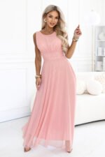 678-5 ELIRA Long tulle maxi dress with a round neckline - powder pink-4