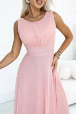678-5 ELIRA Long tulle maxi dress with a round neckline - powder pink-5