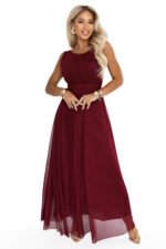 679-1 AVELINE Long maxi dress with glitter tulle and round neckline - burgundy-11