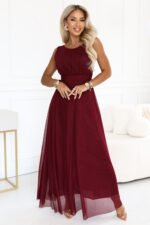 679-1 AVELINE Long maxi dress with glitter tulle and round neckline - burgundy-1