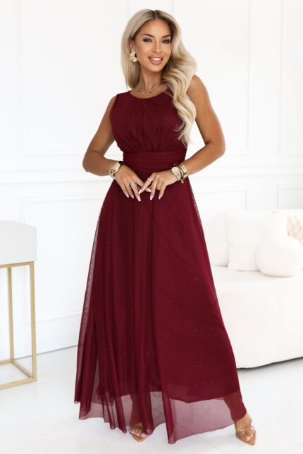 679-1 AVELINE Long maxi dress with glitter tulle and round neckline - burgundy-1
