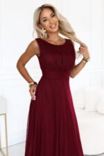679-1 AVELINE Long maxi dress with glitter tulle and round neckline - burgundy-2