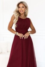 679-1 AVELINE Long maxi dress with glitter tulle and round neckline - burgundy-4