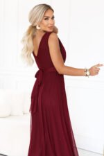 679-1 AVELINE Long maxi dress with glitter tulle and round neckline - burgundy-5