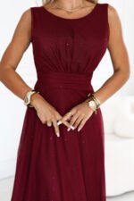 679-1 AVELINE Long maxi dress with glitter tulle and round neckline - burgundy-7