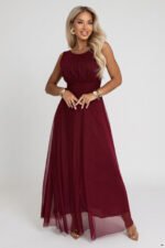 679-1 AVELINE Long maxi dress with glitter tulle and round neckline - burgundy-8