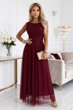 679-1 AVELINE Long maxi dress with glitter tulle and round neckline - burgundy-6
